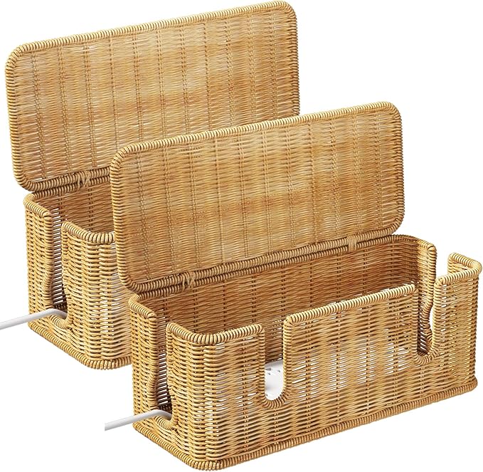 Cable Management Box,2 Open Slots Cord Organizer Hider Box with Lid,2 Pack Handwoven Imitation Rattan Cable Organizer Box for TV Wire Computer Router & Power Strip-B Style(Light Brown)