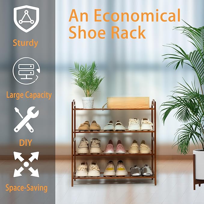 4 Tier Bamboo Shoe Rack, Free Standing Shoes Rack Shoe Shelf Shoe Organizer for Closet, Entryway, Bedroom, Living Room, Front Door, Studio, Bathroom-NeatNest