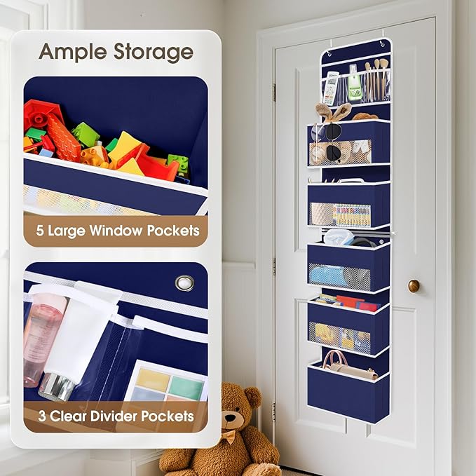 6-Tier Over The Door Organizer Hanging Storage Organizers with Clear Window 40lb Large Capacity Room Organizer for Pantry Bathroom Nursery Closet(Blue)-NeatNest