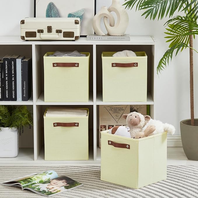 Collapsible Fabric Storage Cube Bins with 2 Reinforced PU Handles, Foldable Storage Organizer Baskets for Closet, Shelves, Living Room | 11"x11"x11", 4 Pack, Full Beige-NeatNest