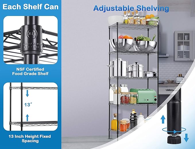 5-Tier Metal Wire Shelving Unit Snack Shelf Storage Rack NSF Certified Storage Shelves 750 Lbs Capacity Standing Utility Shelf for Laundry Kitchen Pantry Garage Organization