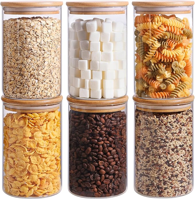 ComSaf 1 Qt Glass Storage Containers with Lids, Glass Jars with Lids, Clear Food Storage Jar, Round Canister Set of 6, Pantry Organizers for Cookie Pasta Flour Rice Tea Coffee Bean-NeatNest