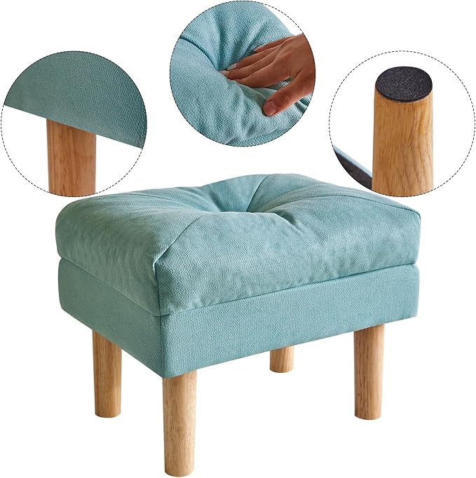 YMYNY 15.75" Small Footstool Ottoman, Footrest with Sponge Padded Seat, Step Stool for Sofa, Bedroom, Living Room, Entryway, Modern Change Shoes Stool, Wood Legs, Greenish Blue, UHBD023T