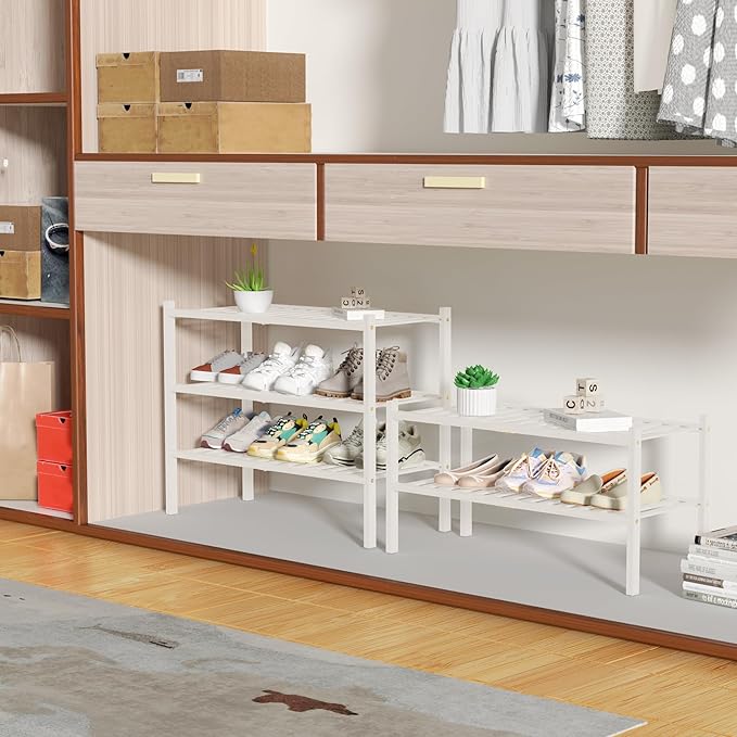 2 Tier Bamboo Shoe Rack for Closet Free Standing Wood Shoe Shelf for Entryway Small Space Stackable 27"x11"x13" (White)-NeatNest