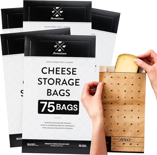 Formaticum - 75-Pack Cheese Storage Bags - 6.25 x 11 Wax Paper Bags to Keep Cheese or Charcuterie Fresh - Professional Grade Cheese Paper for Wrapping Cheese - Porous Brown Paper Bags From France