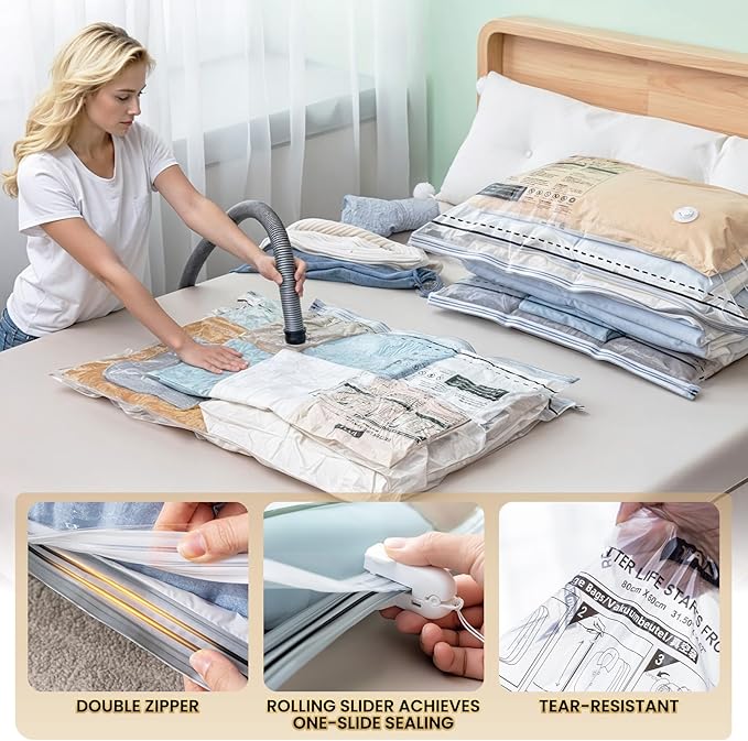 TAILI 6 Pack Vacuum Storage Bags, LONG SIDE ZIP (3 Large+3 Jumbo), Multi-Size Vacuum Seal Bags for Clothing, Storage Bulky Beddings, Comforters and Clothes, Space Saver for Closet Organization-NeatNest