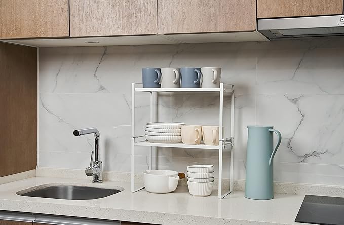 2Pack Cabinet Shelf Organizer Storage Rack Space Saving for Kitchen Counter Pantry Bathroom Cupboard Under Sink Office Table Steel Stackable Rust Resistant Heavy Duty Nonslip 16” White - Tall-NeatNest