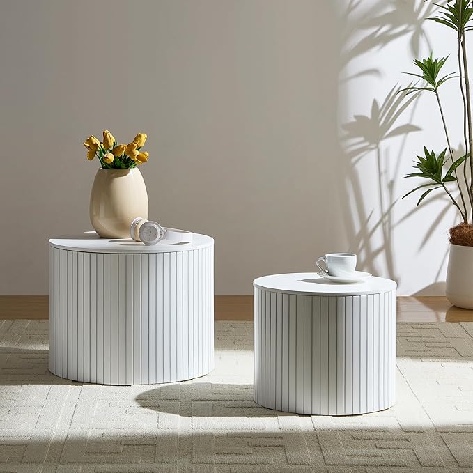 Small Nesting Round Coffee Table Set of 2, Modern Wooden Circle Accent End Side Table for Living Room, Bedroom, No Assembly Required, White