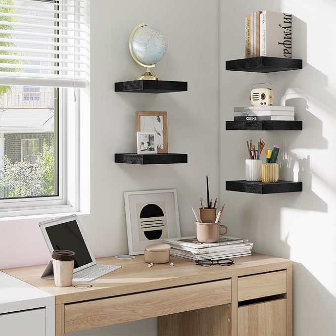 fuqing Floating Shelves for Wall, Bathroom Shelf Wall Mounted for Storage, Shelves with Invisible Bracket for Bedroom, Kitchen, Living Room, Farmhouse Small Book Shelf, 6.5 Inch Set of 3, Black-NeatNest