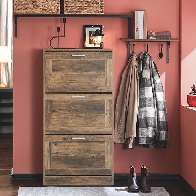 Haotian Freestanding Shoe Cabinet with 3 Flip-Drawers, Rustic Brown, W23.6 x D9.1 x H45.3 inches, Entryway-NeatNest