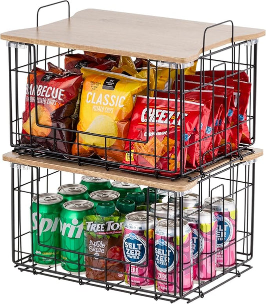 IRIS USA Wire Basket for Pantry Organizers and Storage, 2 Pack, Potato and Onion Storage, Easy Assembly, Stackable Storage Bins, Kitchen Cabinet Bathroom Shelf Organizers for Veggie, Fruit, Snack
