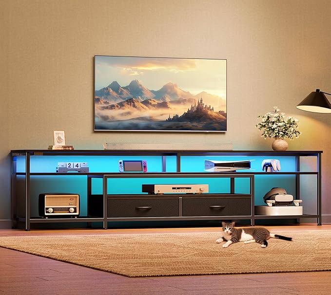 Huuger 79 Inch TV Stand for 85, 90 Inch TV, Entertainment Center with LED Lights and Power Outlets, TV Console with Drawers, Shelves, Type C, PU Leather Surface, for Living Room, Black-NeatNest