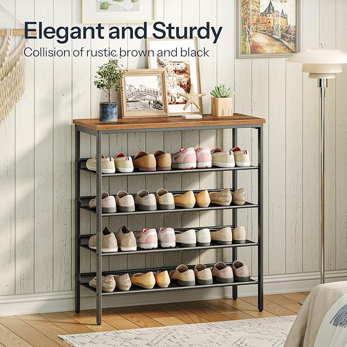 HOOBRO Shoe Rack for Entryway, 5-Tier Shoe Organizer with Adjustable Mesh Shelves, 16-20 Pairs of Shoes, Spacious Floor Mount, Metal, Industrial, Shoe Shelf for Closet, Rustic Brown BF12XJ01-NeatNest