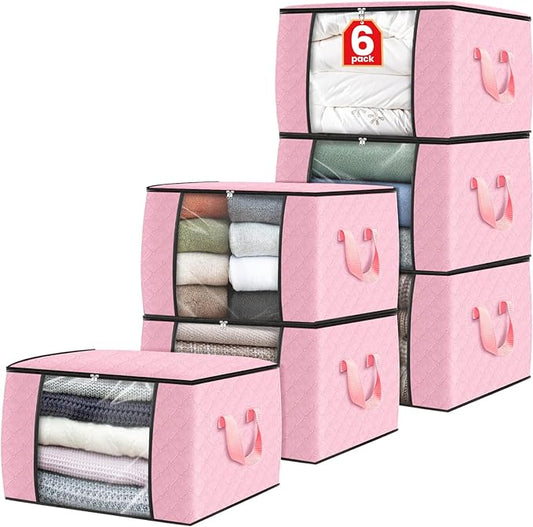 Fab totes 6 Pack Clothes Storage, Foldable Thick Fabric Blanket Storage Bags, Containers for Organizing Bedroom, Closet, Clothing, Comforter,Organization with Handle,Pink-NeatNest