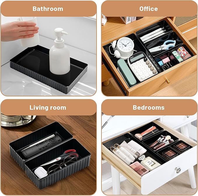 6 PCS Black Drawer Organizer Set 3-Size, Makeup Organizer,Versatile Desk and Vanity Drawer Organizer Trays, Storage Bins for Bedroom, Kitchen，Bathroom-NeatNest