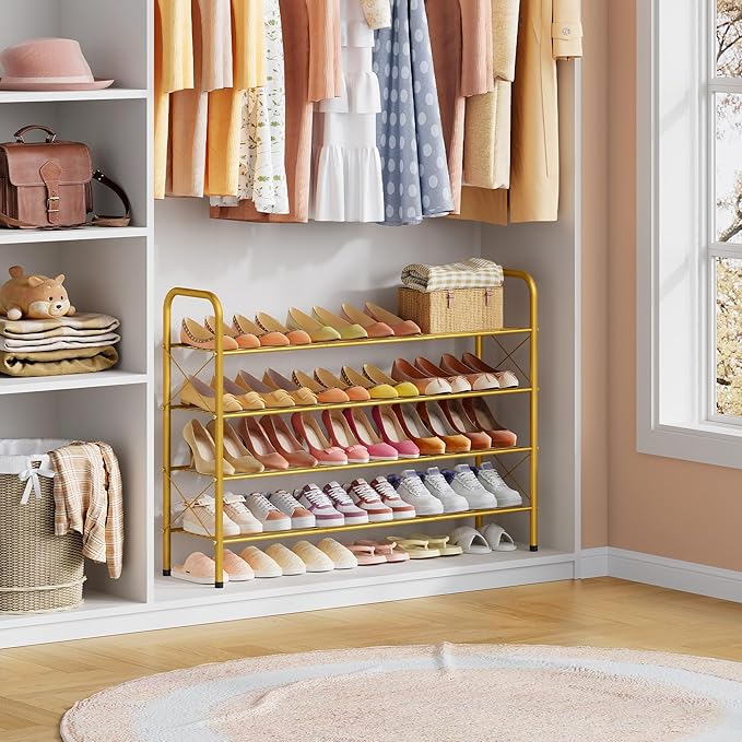 Hoctieon 4 Tier Mesh Style Shoe Rack, Entryway Shoe Shelf, Shoe Storage Organizer, Shoe Rack for Closet, Space Save for Bathroom, Garage, Hallway, Bedroom, Living Room, Gold-NeatNest