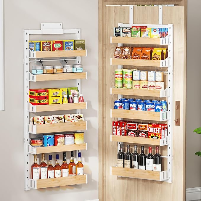 6-Tier Over The Door Pantry Organizer, Heavy-Duty Metal Wall Mount or Hanging Spice Rack, behind the door storage Shelves with Adjustable Basket, Back of Door Organizer for Kitchen Cabinet and Closet