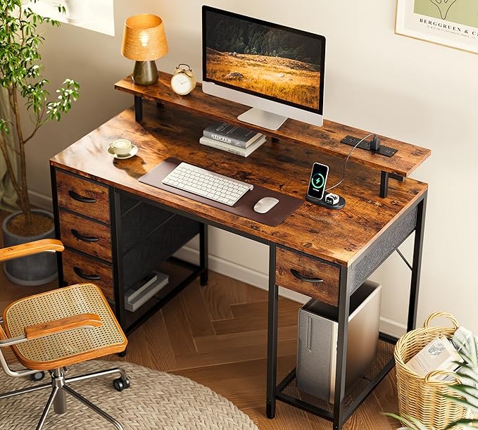 Huuger 47 inch Computer Desk with 4 Drawers, Gaming Desk with LED Lights & Power Outlets, Home Office Desk with Large Storage Space for Bedroom, Work from Home, Rustic Brown-NeatNest