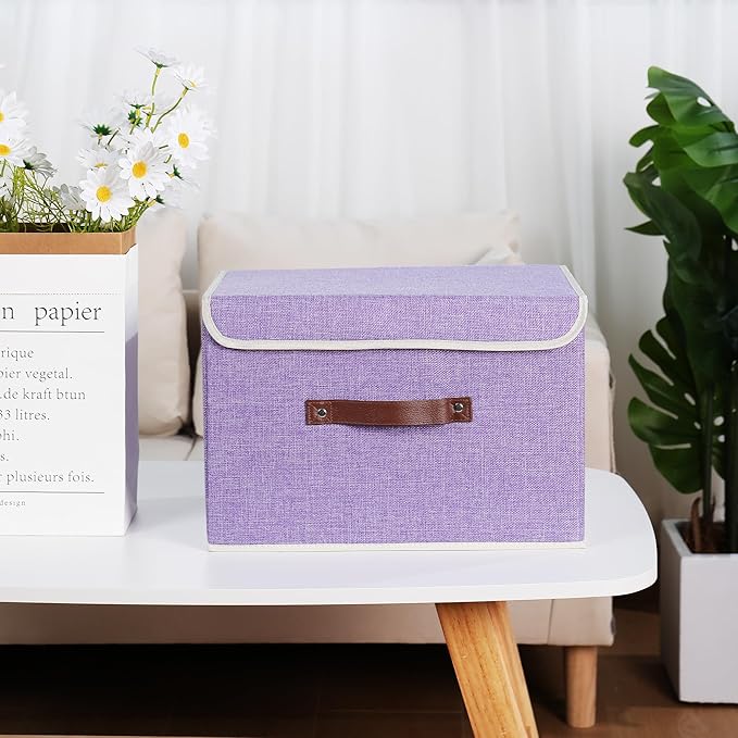 ANMINY 4PCS Storage Bins with Lid PU Leather Handles Storage Boxes PP Plastic Board Decorative Foldable Lidded Cotton Linen Fabric Home Cubes Baskets Closet Organizer Containers - Purple, Large Size-NeatNest