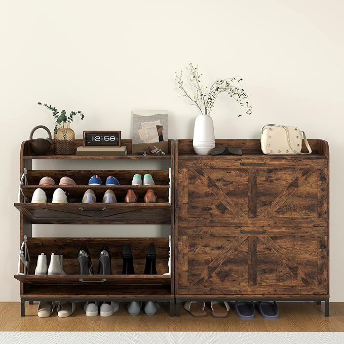 HOMCOM Shoe Storage Cabinet with 2 Flip Drawers, Legs, Farmhouse Freestanding Narrow Shoe Cabinet, Slim Hidden Rack Organizer for Entryway, Hallway, Rustic Brown Wood Grain-NeatNest