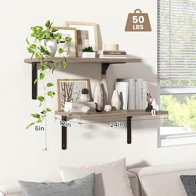 Fun Memories Floating Shelves for Wall, 12 Inch Deep Floating Shelves Set of 2, Wall Mounted Shelf with Metal Brackets, Rustic Wood Wide Shelf for Bathroom, Kitchen and Living Room, Grey, 24W x 12D-NeatNest