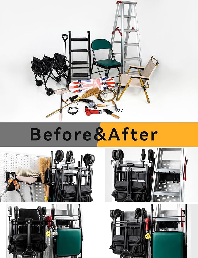96 Inch Wall Mount Garden Tool Organizer, Garage Storage, Adjustable with 12 Heavy Duty Hooks and 4 Cable Ties, Max Load 960lbs, Black Iron, 96 x 1 x 4 Inches