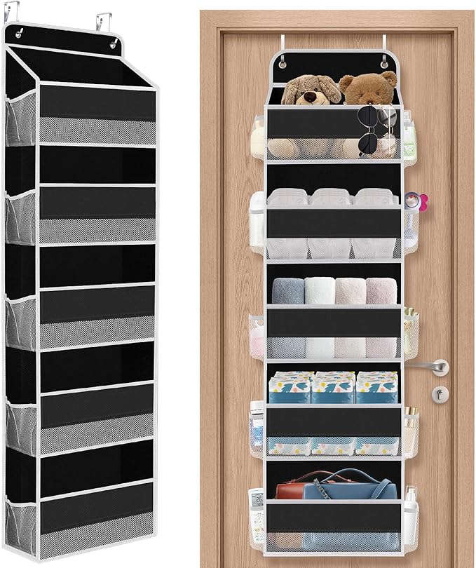 1 Pack Over The Door Organizer, Hanging Storage Organizer with Clear Window, 40lb Ultra Sturdy Large Capacity Room Organizer for Pantry Laundry Bathroom Nursery Closet (Black)-NeatNest