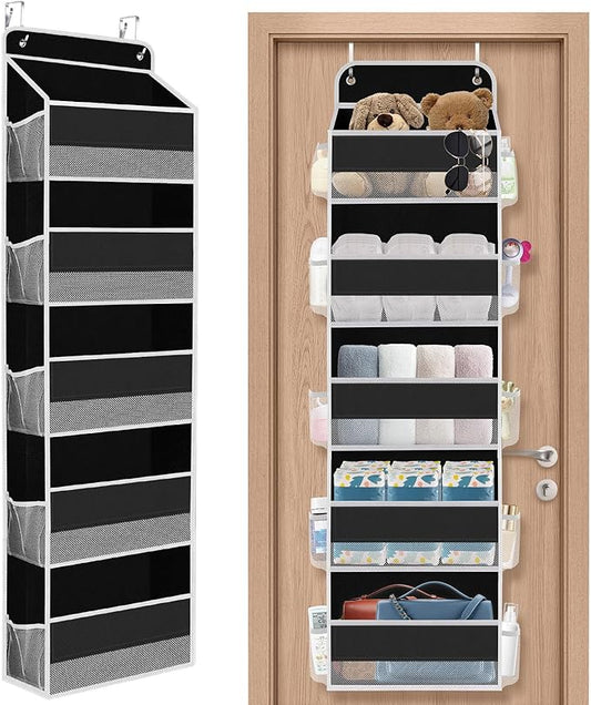 1 Pack Over The Door Organizer, Hanging Storage Organizer with Clear Window, 40lb Ultra Sturdy Large Capacity Room Organizer for Pantry Laundry Bathroom Nursery Closet (Black)-NeatNest