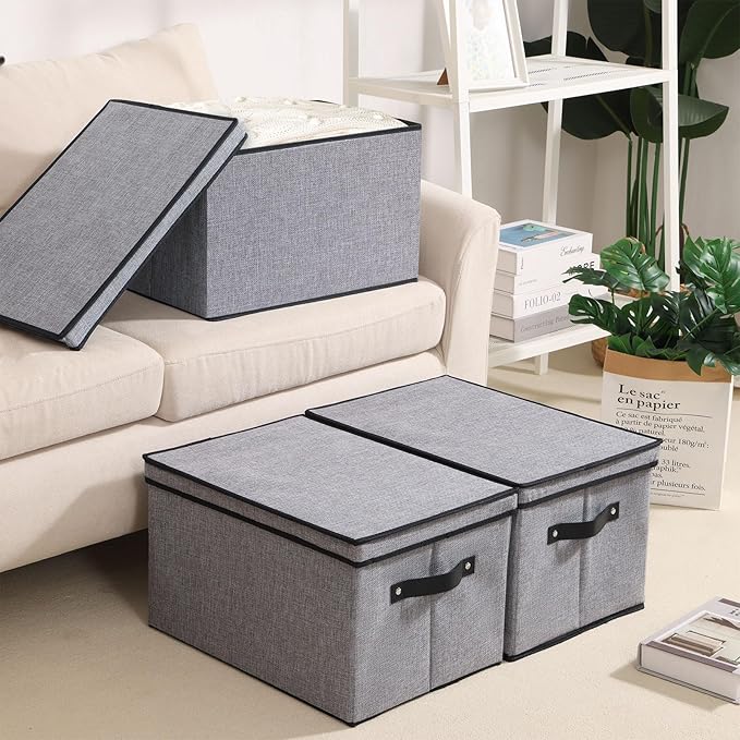 Clothing Storage Bins, Blanket Baskets for Shelves, Fabric Cubes with Handles and Lids, Decorative Linen Closet Organizers Boxes, Gray, 1 Pack, 16.5 x 11.8 x 10.2 Inch-NeatNest