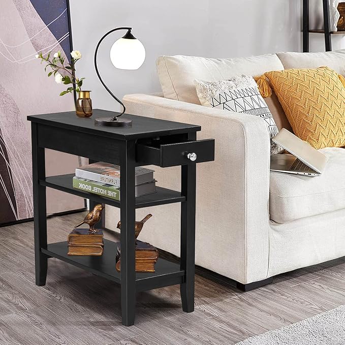 Giantex Set of 2 End Table with Drawer, Narrow Side 2-Tier Open Storage Shelves, Slim Compact Nightstand Bedside for Living Room Bedroom, Black
