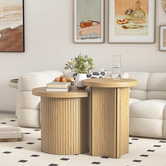 Set of 2 Nesting Coffee Tables Farmhouse,Round Coffee Tables Living Room,Wood Finish Coffee Table Set, Small Coffee Table, Sofa Side Living Room Bedroom Coffee Table Side Table (Small Size-Set)
