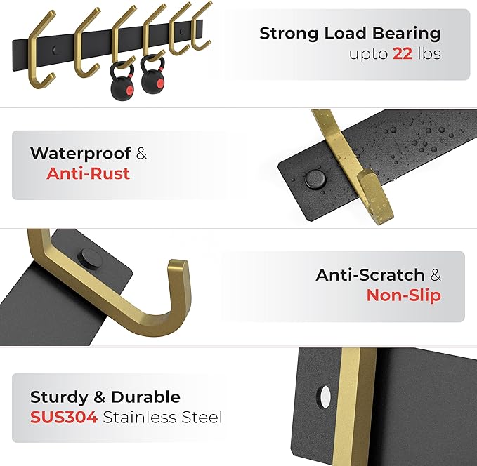 Coat Rack Wall Mount – Black and Gold Hook Rail with 6 Double Coat Hooks, 17 Inch Stainless Steel Wall Hooks for Entryway, Bathroom, Bedroom, Closet, Towel, Hat, Bag, Heavy Duty Organizer - 2 Pack-NeatNest