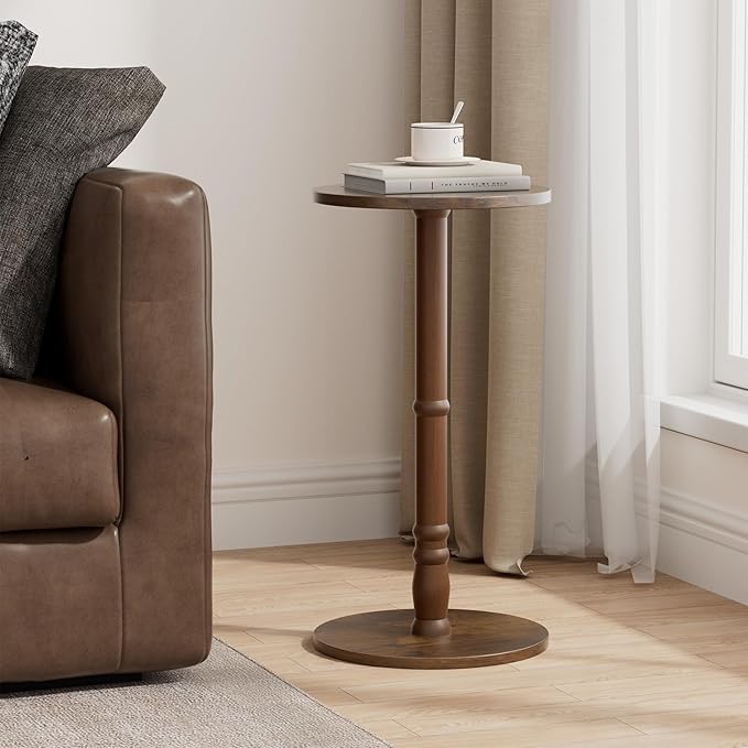 Round Side Tables Set of 2, Solid Wood Pillar with Wood Top & Base, Small Drink Accent Table for Living Room, Bedroom, Sofa & Office, Easy Assembly, Rustic Brown