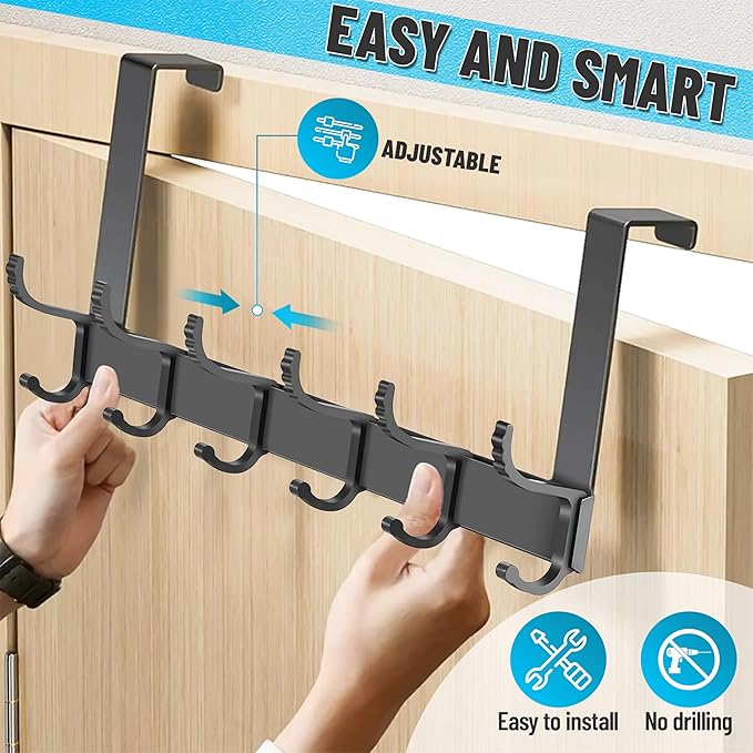 Adjustable Over The Door Hanger-6 Double Hooks, Over Door Coat Hooks, Suitable for Clothes, Hats, Keys, Towel
