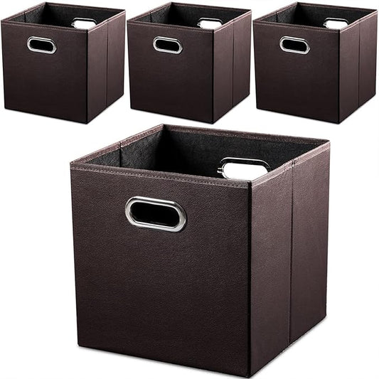 PRANDOM Leather Foldable Cube Storage Bins 13x13 inch [4-Pack] Fabric Storage Baskets Cubes Drawer with Cotton Handles Organizer for Shelves Nursery Closet Bedroom Clothes Brown-NeatNest