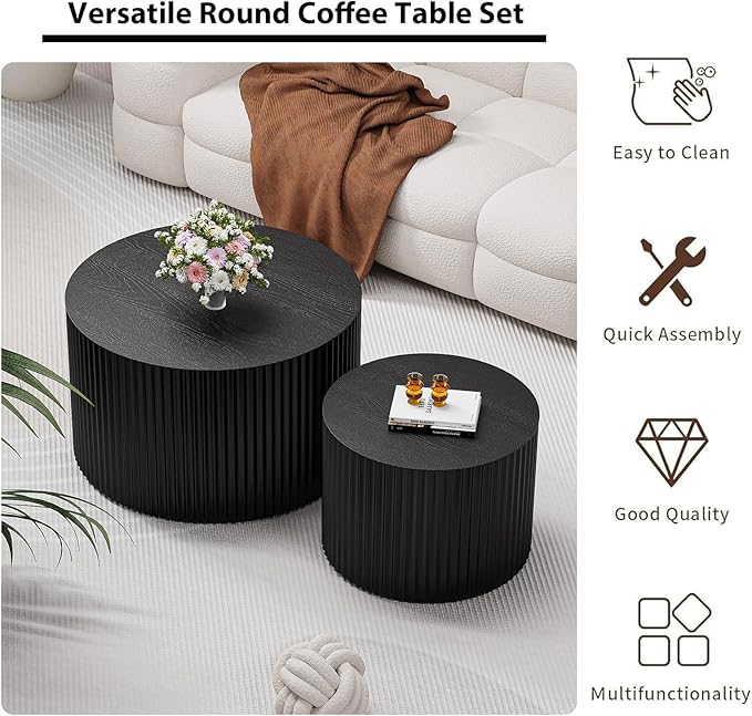 Round Nesting Coffee Table Set of 2 Circle Nested Coffee Tables Modern Fluted Coffee Table Set of 2 Wooden Drum End Side Tables for Living Room Bedroom Small Spaces (Black Small)