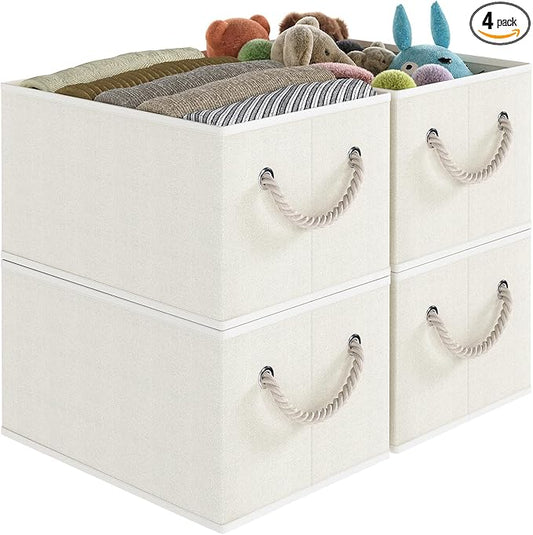 Closet Storage Bins, Linen Closet Organizers and Storage Basket for Shelves, Collapsible Shelf Baskets for Organizing Shelves, Bedroom Clothes Basket, Beige, 3 Pack-NeatNest