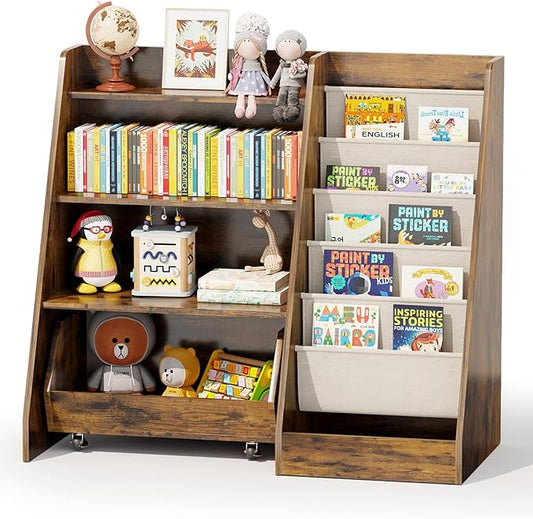 COZPAW Kids Bookshelf and Toy Storage, 4 Tier Toddler Bookshelf with Movable Drawer 5 Sling Pockets, Montessori Book Shelf for Kids Room, Playroom, Nursery (Brown)-NeatNest