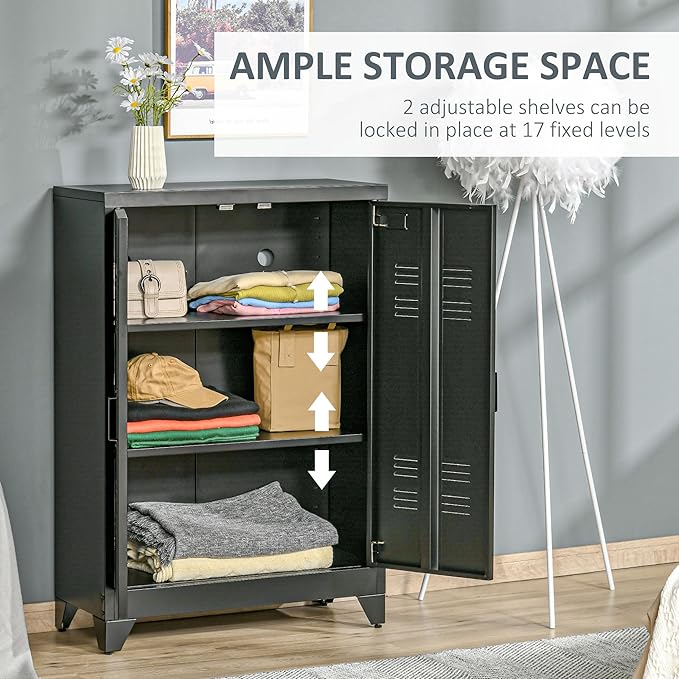 HOMCOM Industrial Storage Cabinet, Steel Garage Cabinet with Double Doors and Adjustable Shelves, Black