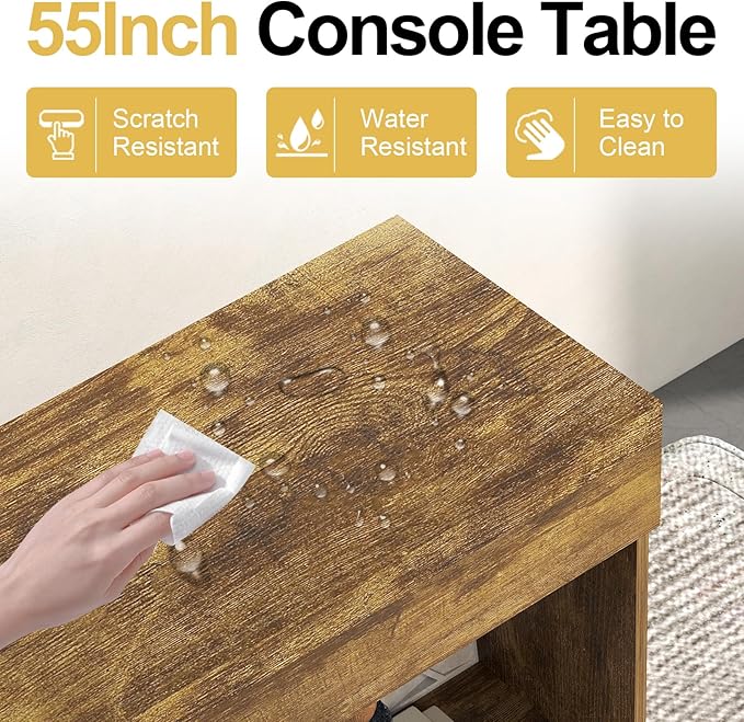 55 Inches Console Table,4 Cubes Narrow Entryway Table,3 Tier Wood Behind Couch Sofa Table,TV Console with Storage for Living Room,Hallway,Entrance,Foyer (Bright Brown)-NeatNest