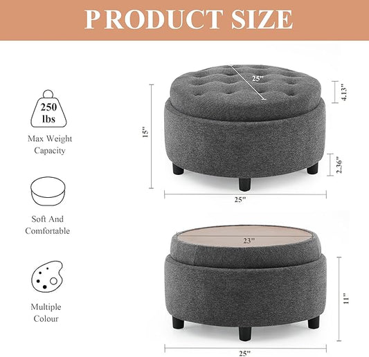 COLAMY Fabric Round Storage Ottoman with Reversible Tray Lid – Multi-Functional Footrest, Hidden Storage, Sturdy & Stylish Small Coffee Table for Living Room, Bedroom, or Entryway(Dark Grey)-NeatNest