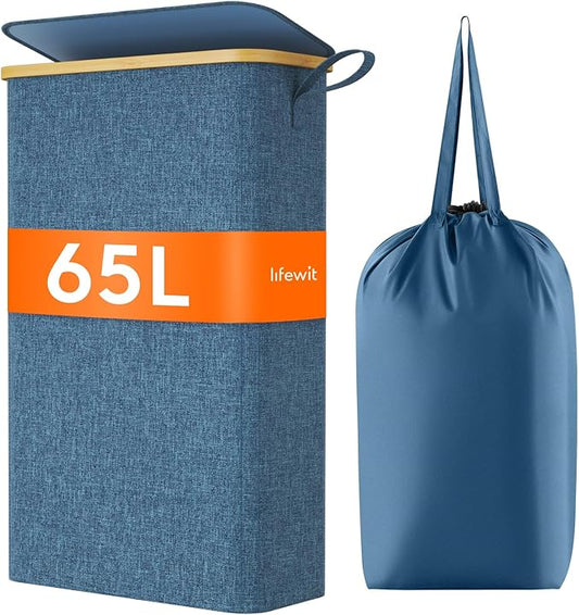 Lifewit 65L Slim Laundry Hamper with Lid, Narrow Laundry Basket with Removable Bag & Bamboo Handles, Fodable Thin Dirty Clothes Hamper for Laundry Collapsible Bin for Bathroom Bedroom Dorm, Dark Blue-NeatNest