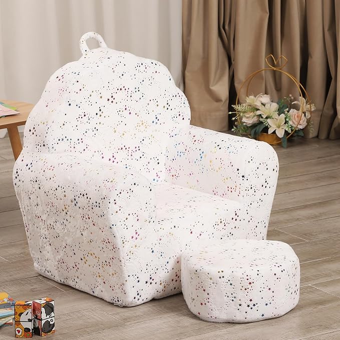 Kids Sofa with Ottoman, Shell-Like Sofa for Boys and Girls, White with Shinny-NeatNest