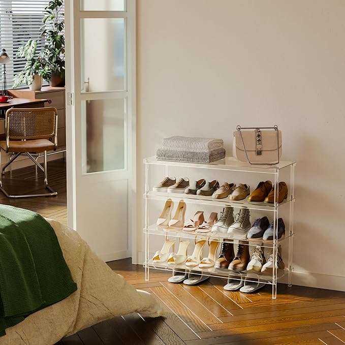 Aquiver 4 Tier Acrylic Shoe Rack for Closet - Wide Shoe Rack - Entryway Shoe Organizer for 16-20 Pairs of Shoes, Easy to Clean, 32.3'' L x 11.8'' W x 28.4'' H