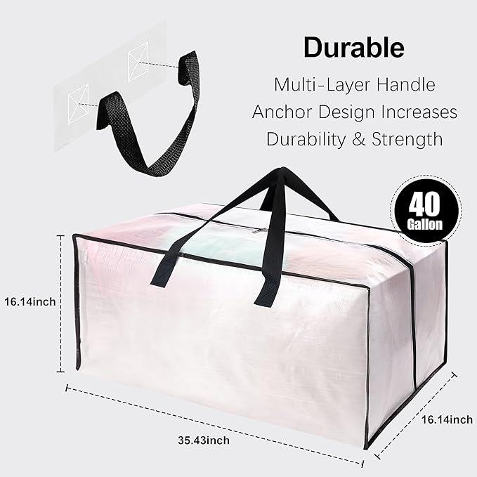 6 Pack Heavy Duty Extra Large Moving Bags W/Backpack Straps - Strong Handles & Zippers, Storage Totes For Space Saving, Fold Flat, Alternative to Box and Bin (40 gal, Semi-Transparent)