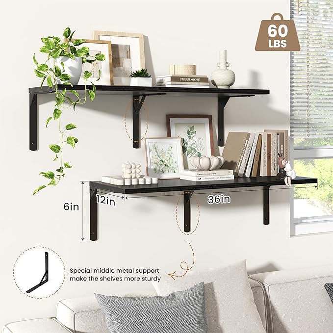 Fun Memories Floating Shelves for Wall, 12 Inch Deep Floating Shelves Set of 2, Wall Mounted Shelf with Metal Brackets, Rustic Wood Wide Shelf for Bathroom, Kitchen and Living Room, Black, 36W x 12D-NeatNest