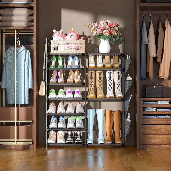 Kottwca 7 Tiers Shoe Rack Metal Shoe Organizer for Entryway Closet, 24-28 Pairs Stackable Shoe and Boots Shelf Storage Cabinet with Hooks and Side Hanging Pockets for Bedroom, Garage, Black-NeatNest