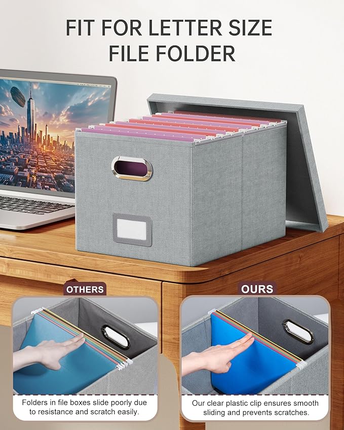 2 Pack File Storage Organizer, Filing Box, Portable File Box with Lid, Fit for Letter/Legal File Folder Storage, Document Organizer, Gray