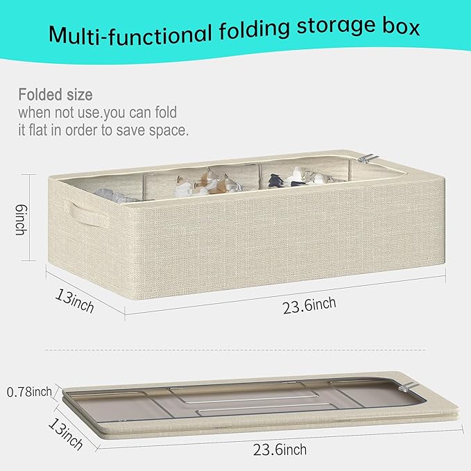 3PCS Under Bed Storage Bins with Metal Frame, Linen Fabric Frame Storage Box Clothes Organizer Bins, Underbed Container with Clear Window (Beige, 23.6 x 13 x 6IN)-NeatNest