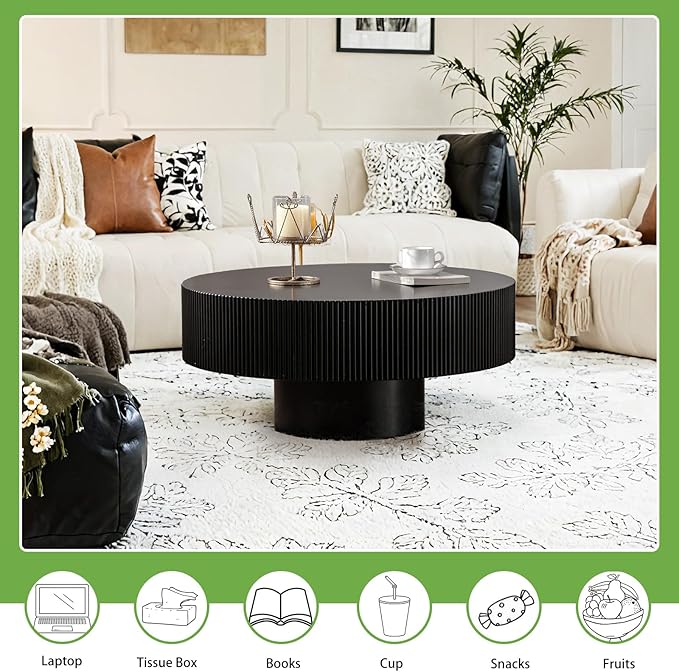 Handmade Round Grooved Drum-Shaped Coffee Table、Rustic Modern Circular Centerpiece for Living Room & Farmhouse Decor、Easy to Clean (B Black 30.9in)